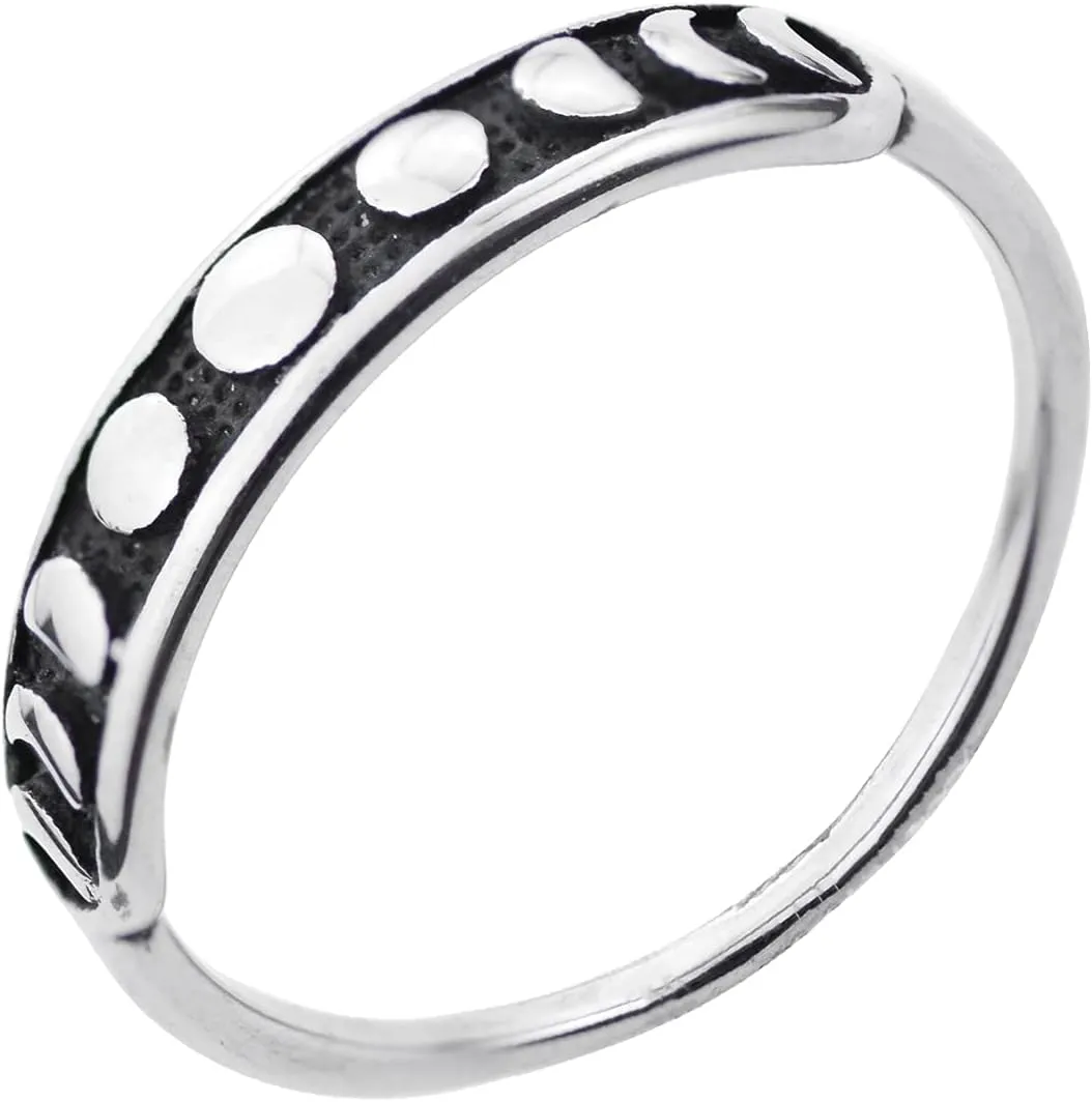 Gothic Black Band Moon Phase Ring Silver Round Shape Minimalist Cute Ring Stainless Steel Finger Rings Gift for Women&Men Size 6-11