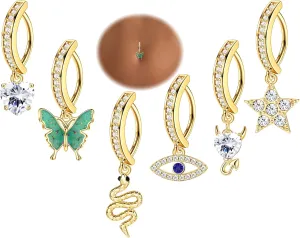 JOERICA 6 Pcs 14G Clicker Belly Button Ring for Women 316L Surgical Steel Butterfly Snake Evil Eye Heart CZ Opal Dangle Belly Button Rings Simple Reverse Navel Rings Body Belly Piercing Jewelry