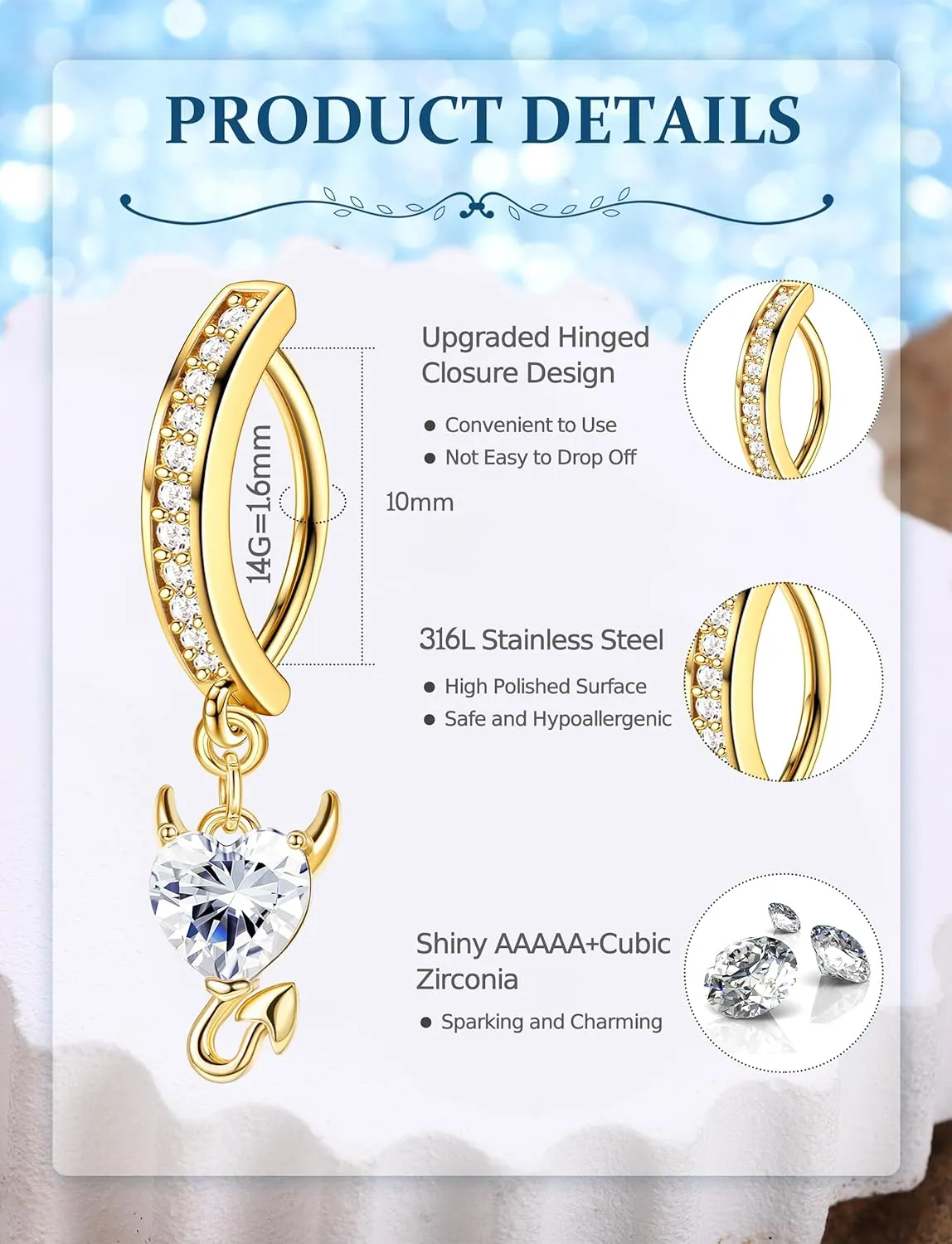 JOERICA 6 Pcs 14G Clicker Belly Button Ring for Women 316L Surgical Steel Butterfly Snake Evil Eye Heart CZ Opal Dangle Belly Button Rings Simple Reverse Navel Rings Body Belly Piercing Jewelry
