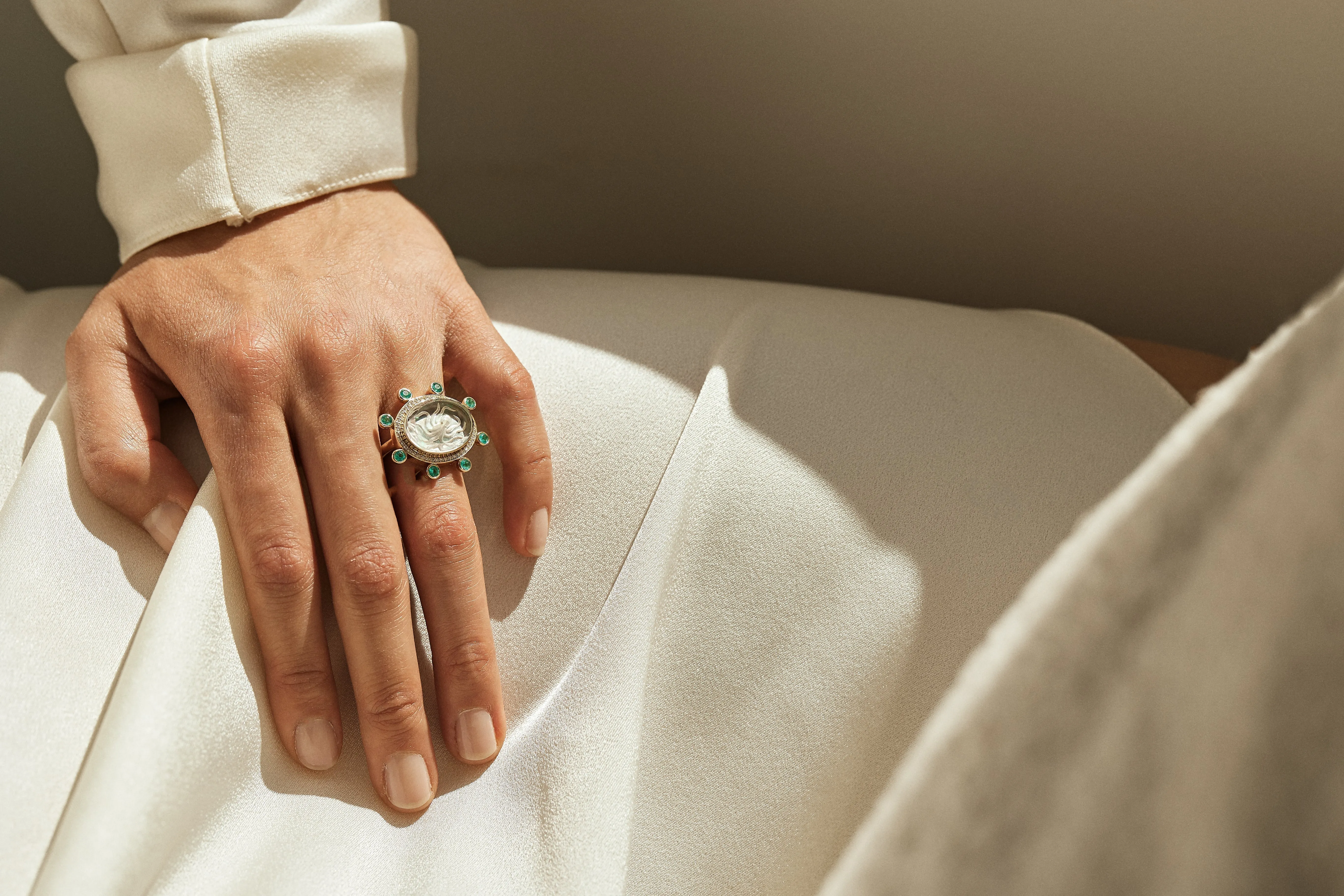 Large Octopus Caspian Ring- Grey Mother-of Pearl, Diamond and Deep Sapphire