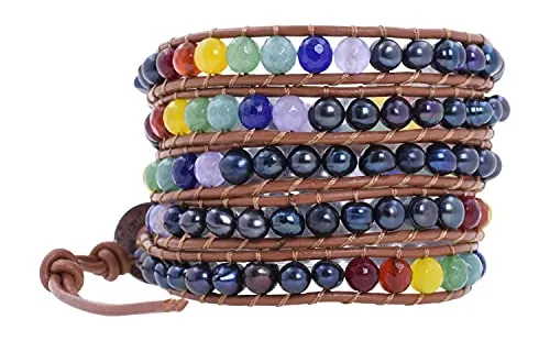 Leather Stackable Bohemian Bracelet for Women Layering Freshwater Cultured Pearl Beaded Leather Boho Wrap Bracelet