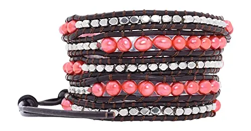 Leather Stackable Bohemian Bracelet for Women Layering Freshwater Cultured Pearl Beaded Leather Boho Wrap Bracelet