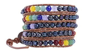Leather Stackable Bohemian Bracelet for Women Layering Freshwater Cultured Pearl Beaded Leather Boho Wrap Bracelet