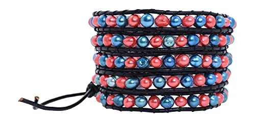 Leather Stackable Bohemian Bracelet for Women Layering Freshwater Cultured Pearl Beaded Leather Boho Wrap Bracelet