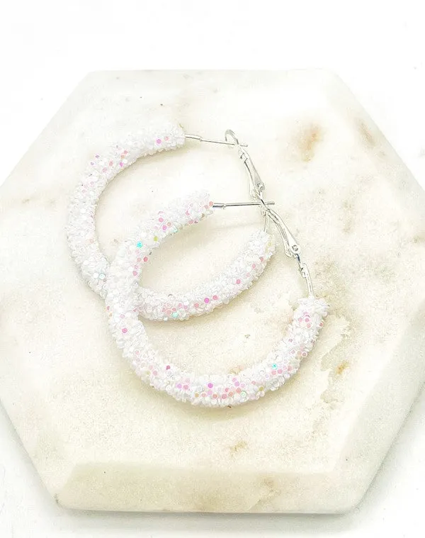 White Glitter Hoop Earrings